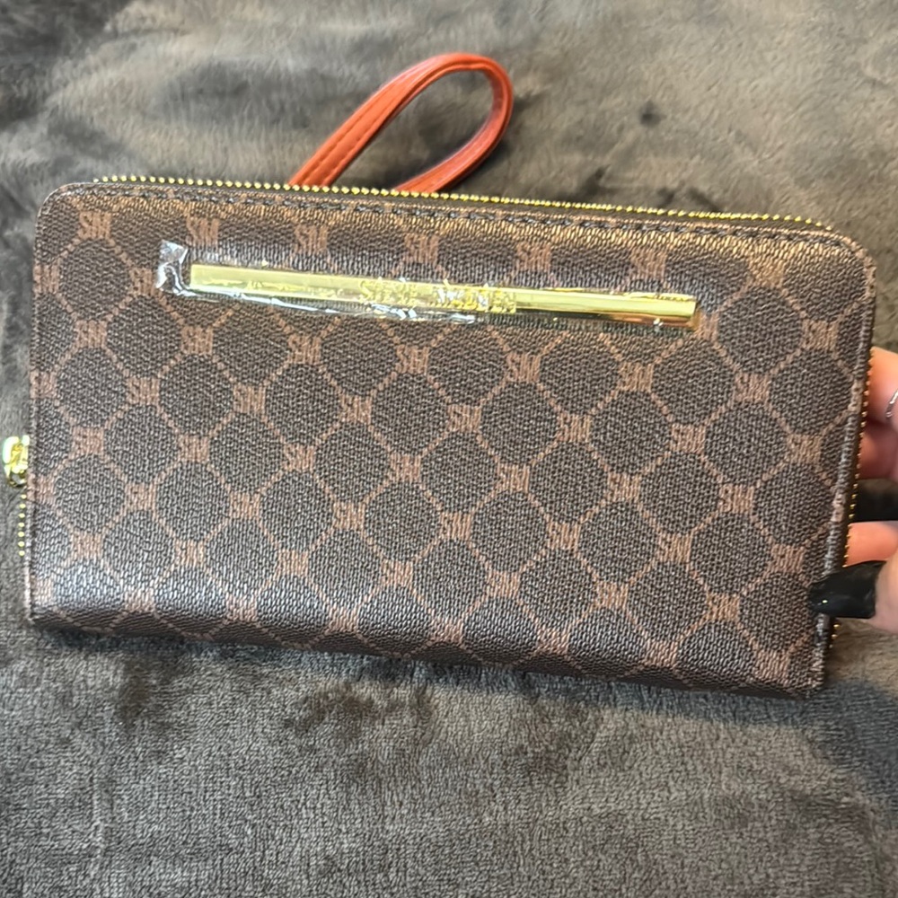 Brown Patterned Wallet with Red Accent